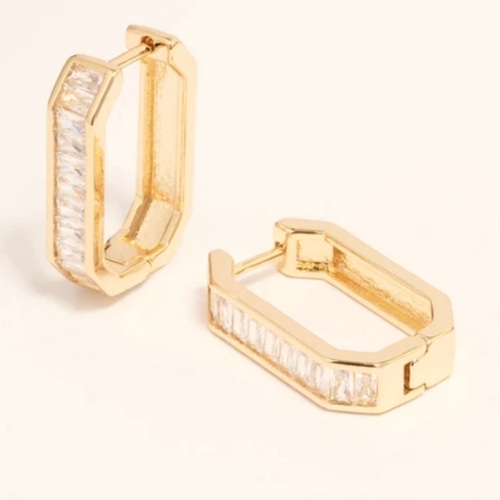 NWT 14K Gold Dipped Emerald CZ Stone Paved Huggie Hoop Earrings
